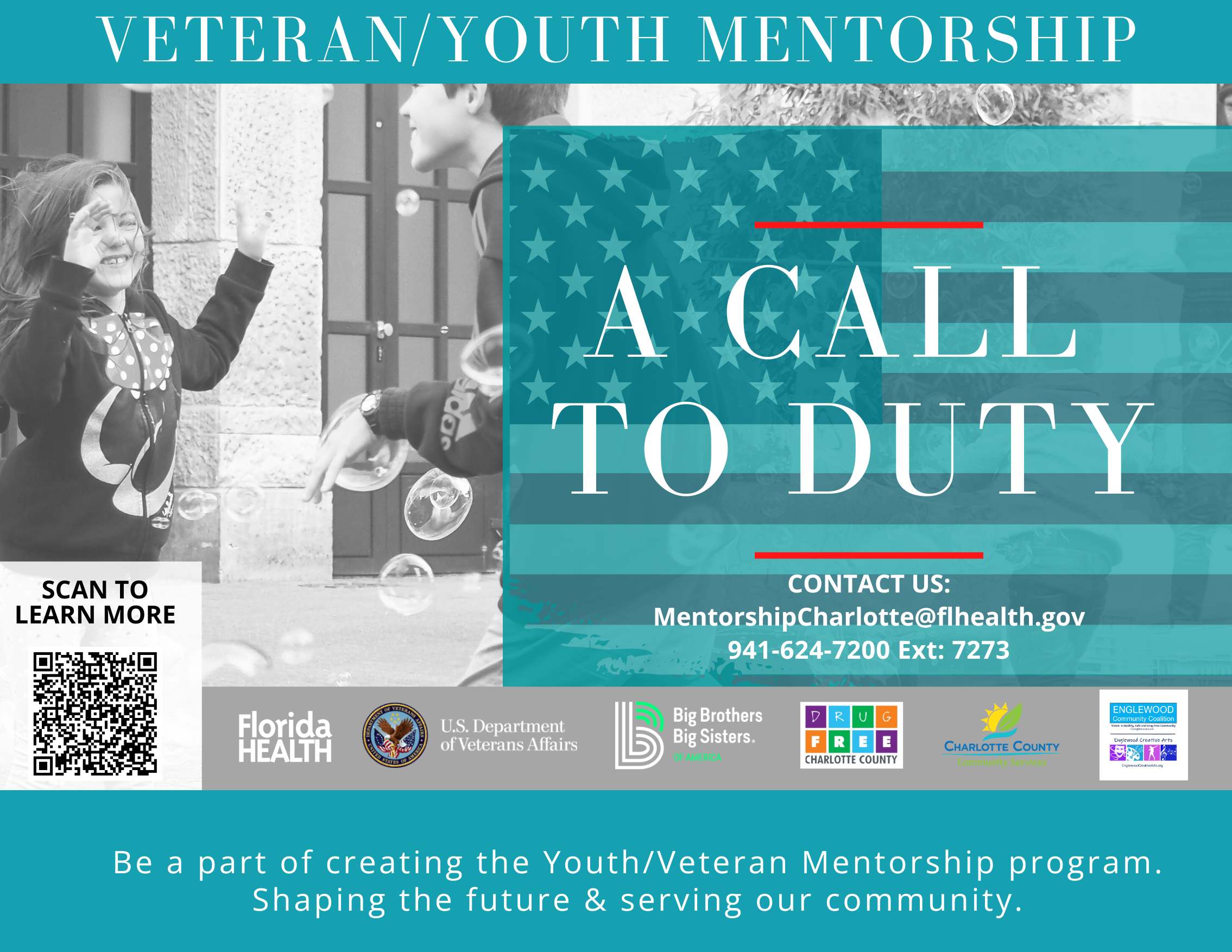 Veteran/Youth Mentorship: A Call to Duty. Be part of creating the Youth/Veteran Mentorship program. Shaping the future and serving our community. Image shows the photo of a teenage boy and a younger girl smiling and playing among bubbles.