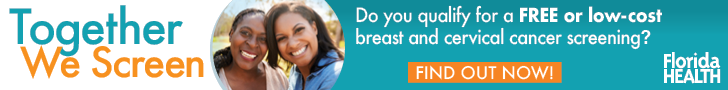 Together We Screen. Do you qualify for a FREE or low-cost breast and cervical cancer screening? FIND OUT NOW! Image description: Two women smile next to each other.