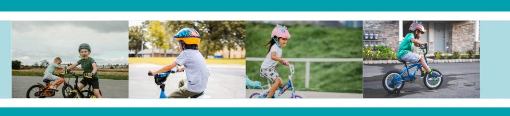 Green banner with four photos of children riding bicycles while wearing helmets.