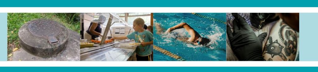 Photo banner includes four photos: 1. A closed septic sewer lid. 2. A boy in the school lunch line. 3. A man swimming in a public pool. 4. A man getting a tattoo.