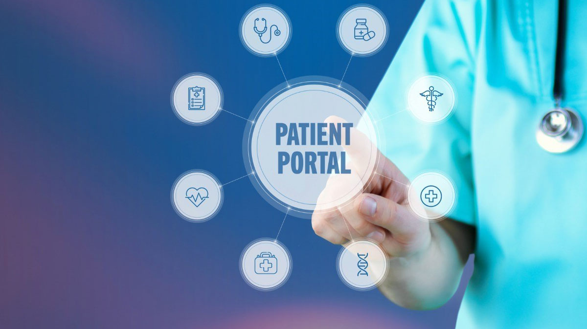 Medical professional wearing a stethoscope around neck accesses a patient portal.