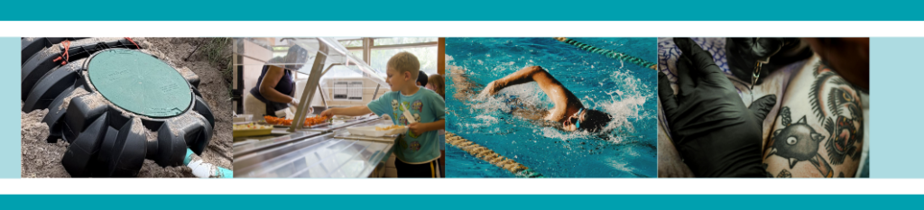 Photo banner includes four photos: 1. A closed septic sewer lid. 2. A boy in the school lunch line. 3. A man swimming in a public pool. 4. A man getting a tattoo.